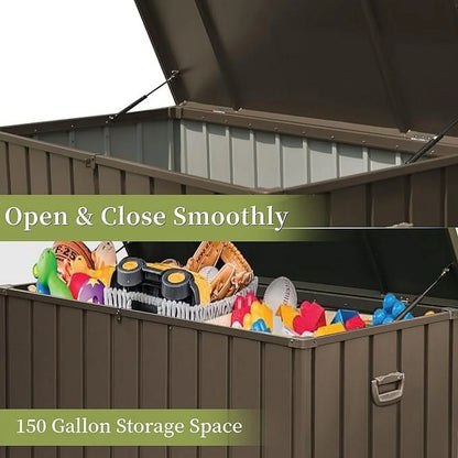 Seizeen 100 Gallon Outdoor Storage Box, Metal Deck Box on Wheels Waterproof, Large Patio Lockable Storage Bin for Outside Cushions, Pool Accessories, Throw Pillows, Garden Tools, Brown