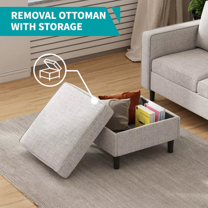 Mjkone Convertible Linen 3-Seater Sofa with Storage Ottoman&Single Sofa Chair with Side Pocket