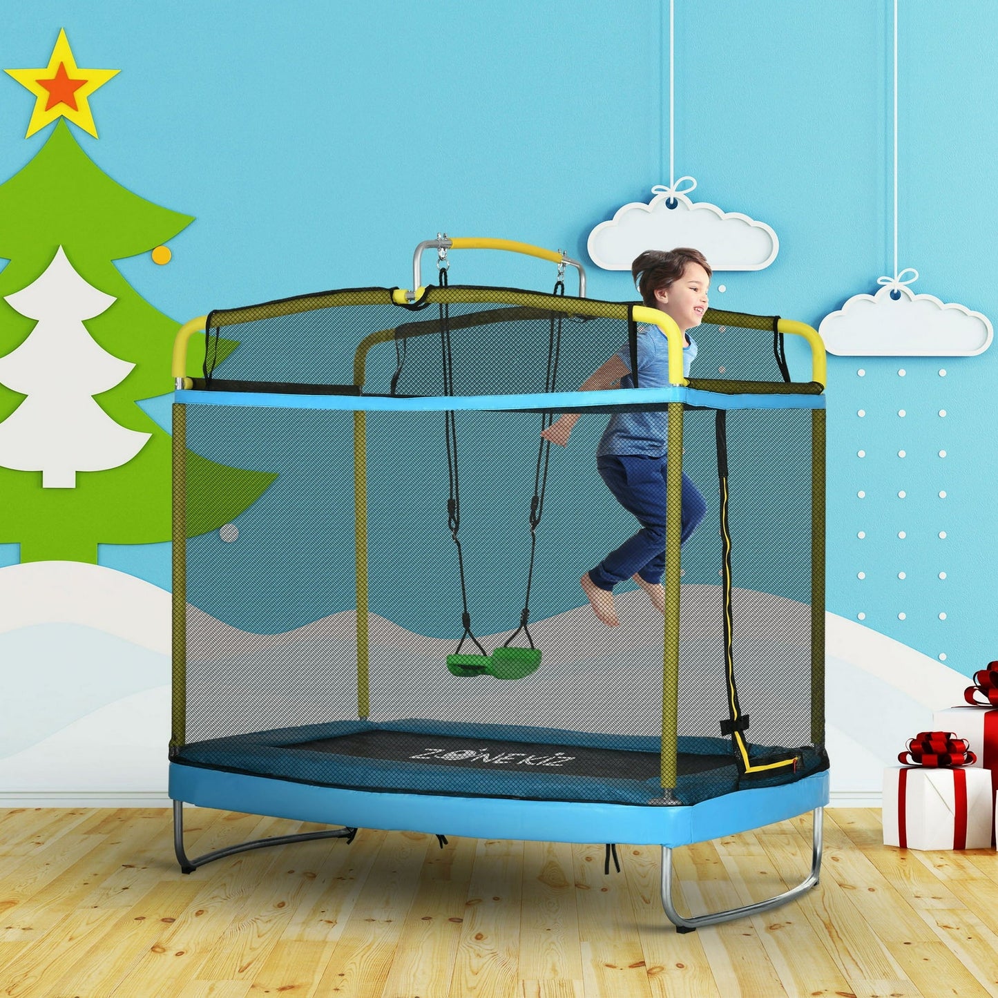6FT Kids Trampoline with Horizontal Bar and Swing, Rectangle Toddler Trampoline with Enclosure Safety Net, 3-in-1 Outdoor Indoor Trampoline for Kids, Toddlers, Baby, Blue