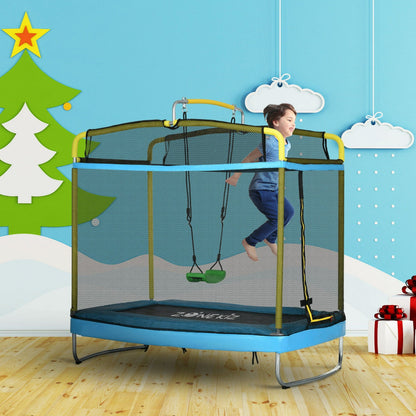 6FT Kids Trampoline with Horizontal Bar and Swing, Rectangle Toddler Trampoline with Enclosure Safety Net, 3-in-1 Outdoor Indoor Trampoline for Kids, Toddlers, Baby, Blue