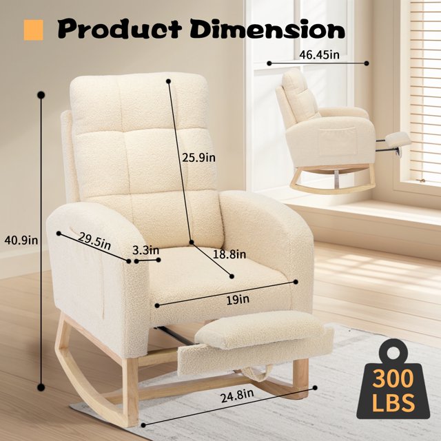 SENCHO GINSYTALIOR Modern Accent Rocking Chair with Solid Wood Legs, adjustable Footrest,Comfy Armchair with Side Pocket, Living Room Lounge Arm Chair with High Backrest(Beige）