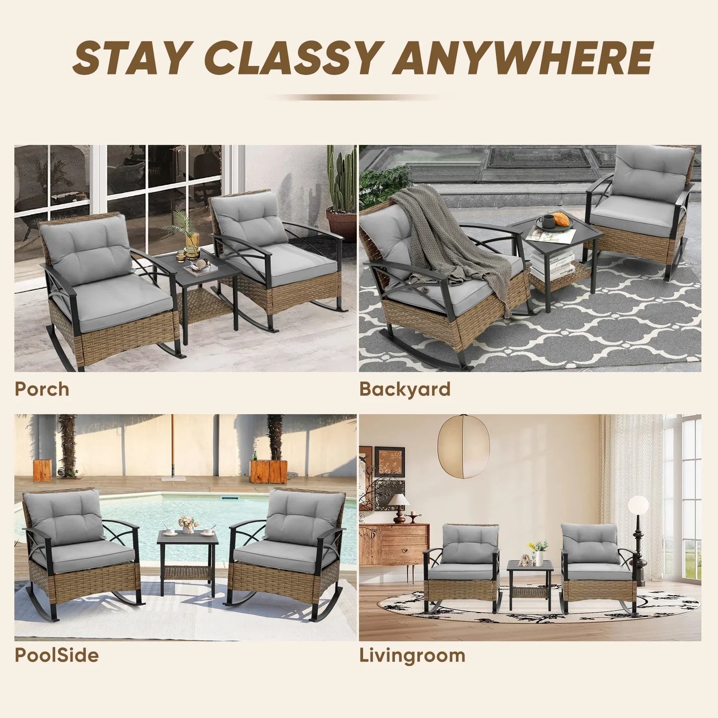 Seizeen Outdoor Patio Furniture, 3pcs Rattan Rocking Chair Set Balcony Furniture, Heavy-duty Patio Chairs with Steel Frame, Tow-Tier Coffee Table, 3’’T Cushion, Gray