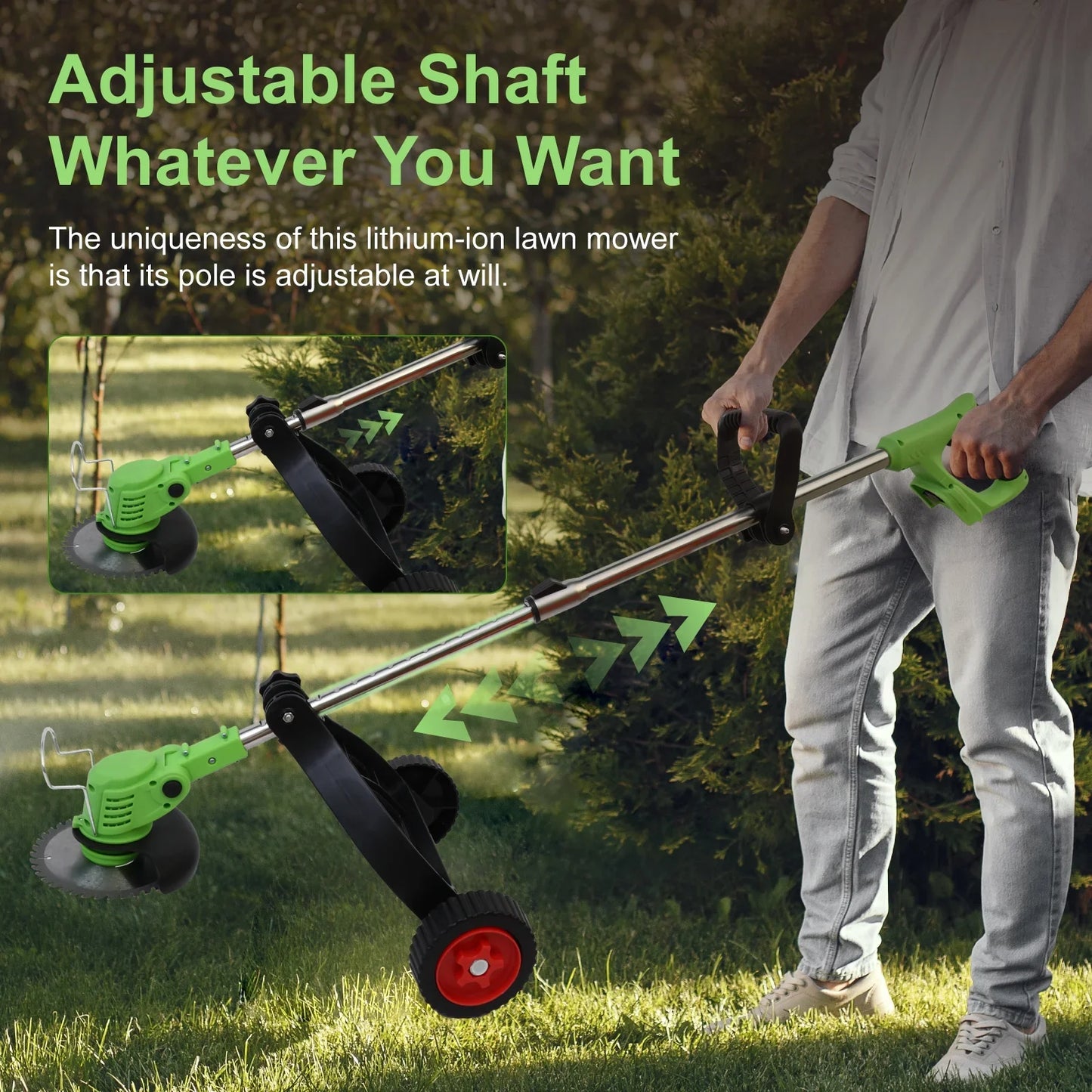 BAOKALER Electric Weed Eaters Cordless, Battery Powered Weed Wacker with Charger, Grass Trimmer with Supporting Wheels, Grass Cutting Machine with 1 Batteriy for Yard and Garden, Green