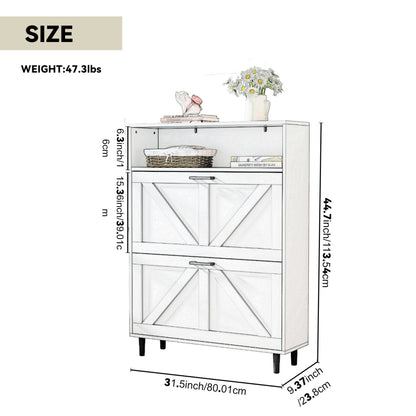 Farmhouse Shoe Cabinet Storage with Barn Door Design, Shoe Organizer with 2 Flip Drawers, Freestanding Narrow Shoe Rack Cabinet with Hooks for Entryway,Foyer,Hallway(Antique White)