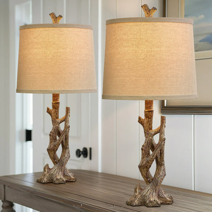 Yokila 23" Wood Grain Rustic Table Lamp Set of 2 for Living Room Bedroom Farmhouse Tree Trunk Bedside Nightstand Lamps with Lamp Shade