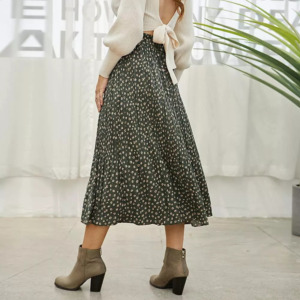 EXLURA Womens High Waist Polka Dot Pleated Skirt Midi Swing Skirt with Pockets
