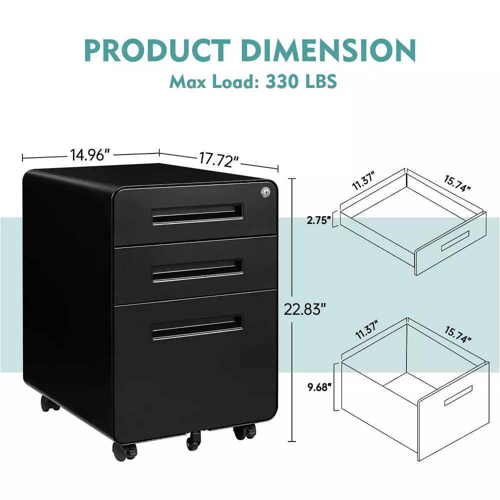 Mlezan Mobile 3-Drawer Filing Cabinet: Lockable, Under-Desk Design with Wheels. Fits A4/Letter/Legal Hanging Files, Ideal for Home Office Storage.