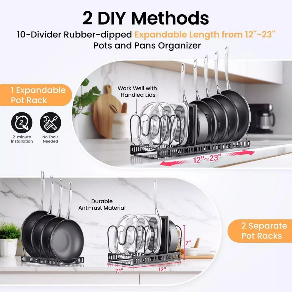 DOMETOUR Pots and Pans Organizer Expandable Rack for Cabinets, Kitchen Cabinet Organizer Holder with 10 Adjustable Compartment