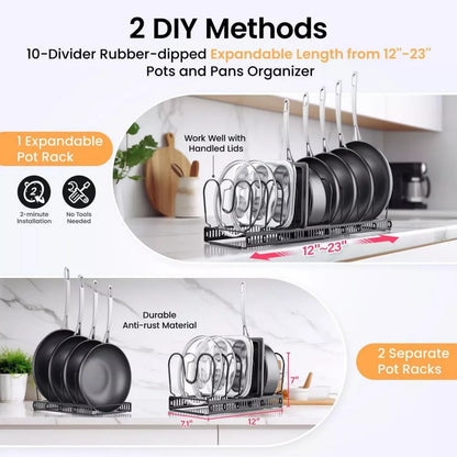 DOMETOUR Pots and Pans Organizer Expandable Rack for Cabinets, Kitchen Cabinet Organizer Holder with 10 Adjustable Compartment