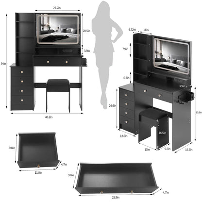 Vanity Set with Mirror and Lights, Modern 41" Lighted Makeup Vanity Table Set with Charging Station, Vanity Desk with Chair Set for Girls, Dressing Table with Drawers for Bedroom, Black