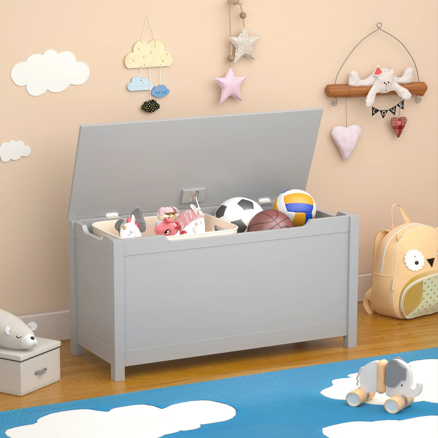 Kids Toy Box, Gray Wooden Toy Chest Organizer with Safety Hinged Lid, Entryway Storage Bench Supports 100 lbs, Toy Storage Chest for Bedroom, Toddler Room, L0293