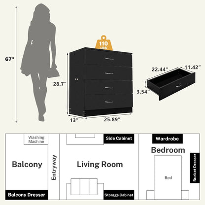 Segmart Black 4 Drawer Dresser for Small Space, Wood Storage Cabinet for Living Room, Chest of Drawers with Metal Handle for Bedroom
