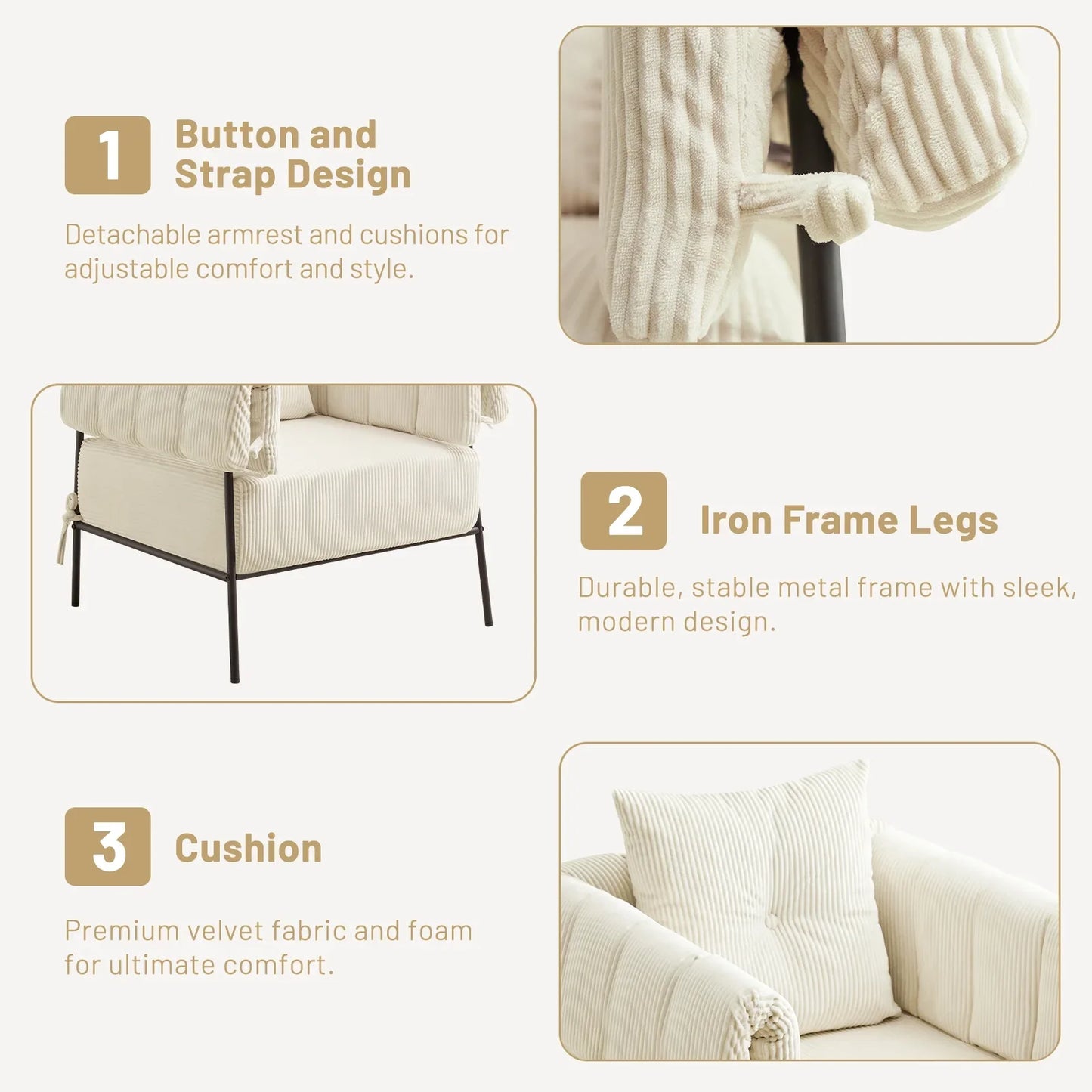 Furniliving Upholstered Accent Chair, Oversized Barrel Armchair with Thicker Seat Cushion and Pillow, Club Chair for Living Room Bedroom Makeup Room, Beige
