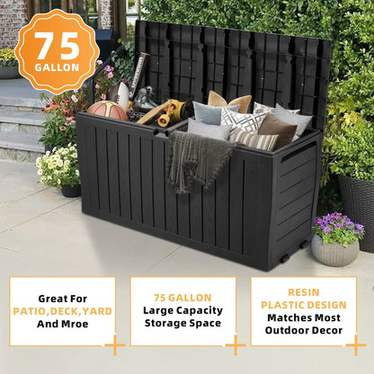 Seizeen 75 GAL Resin Deck Box Clearance on Wheels, Patio Large Storage Cabinet, Outdoor Waterproof Storage Chest, Storage Container for Outside Furniture Cushions, Garden Tools, Black, D7226