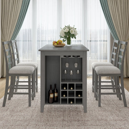 EUROCO 5-Piece Dining Table Set for 4, 59.6" Counter Height Kitchen Table Set with 4 Upholstered Chairs,Integrated 9 Bar Wine Compartment and Wineglass Holders for Dining Room and Kitchen,Gray