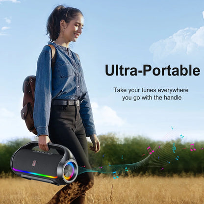 FanFun Waterproof Bluetooth Speaker, Stereo Sound Deep Bass Portable Speaker with Dynamic RGB Light Show, Outdoor Speaker for Pool Beach Party