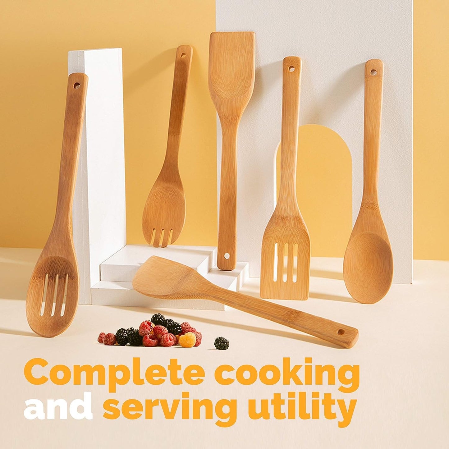 AOKIWO Bamboo Wooden Spatula Spoons for Kitchen Cooking 6pcs Nonstick Wood Spoon Utensil Sets