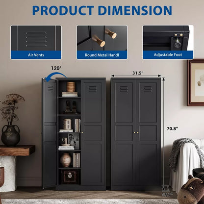 Mlezan 71" White Metal Storage Cabinet: 2 Doors, 5 Adjustable Shelves, Steel Cabinet for Home, Kitchen, School, Office, or Garage Storage.
