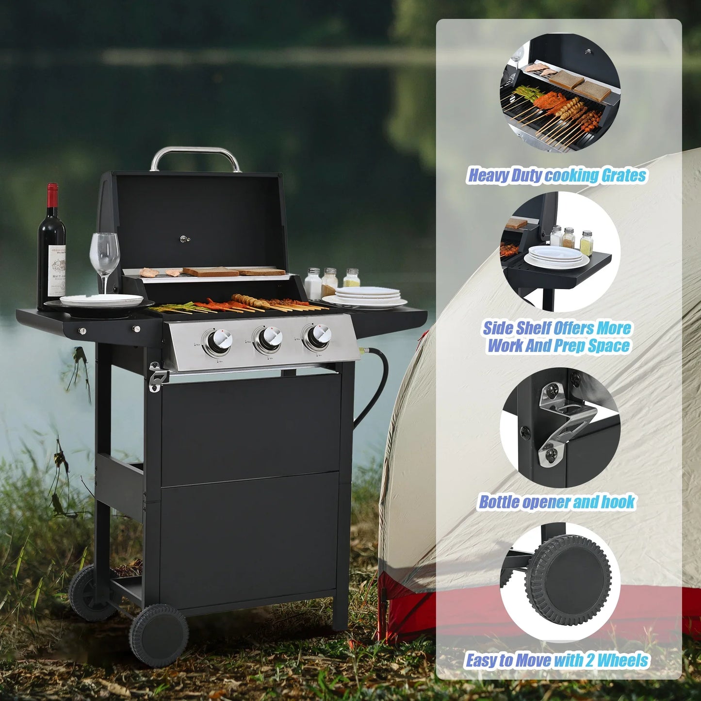 Seizeen 3-Burner Propane Gas Grill, 25,650 BTU Outdoor BBQ on Wheels, with Thermometer and Side Tables