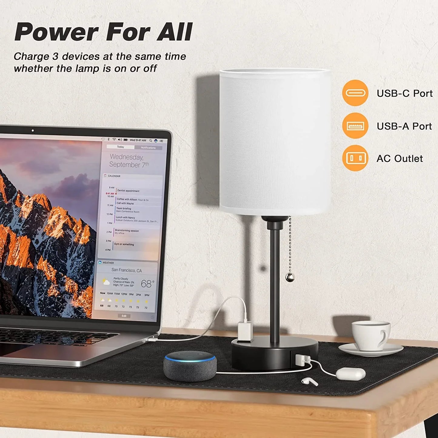 CAALOGT Table Lamp with USB Ports, AC Outlet, 3 Color Temperatures, 14.6 inch Bedroom Lamp