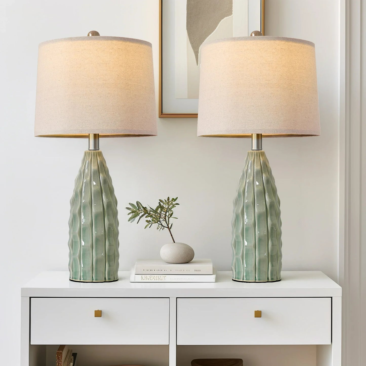 Yokila Green Ceramic Table Lamps Set of 2 for Living Room Bedroom 23.75" Modern Bedside Nightstand Lamps