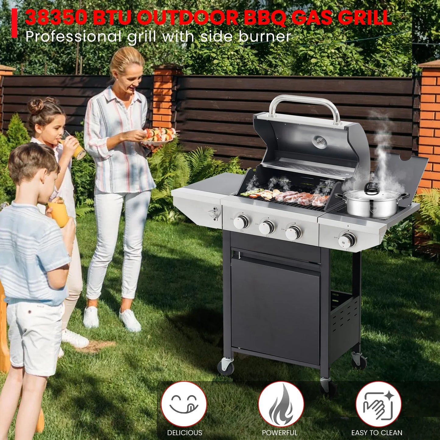 Seizeen Powerful Gas Grill with Side Burner, 37,000BTU 3 Burner Propane Grill w/Brush, Stainless Steel Outdoor BBQ for Backyard Patio