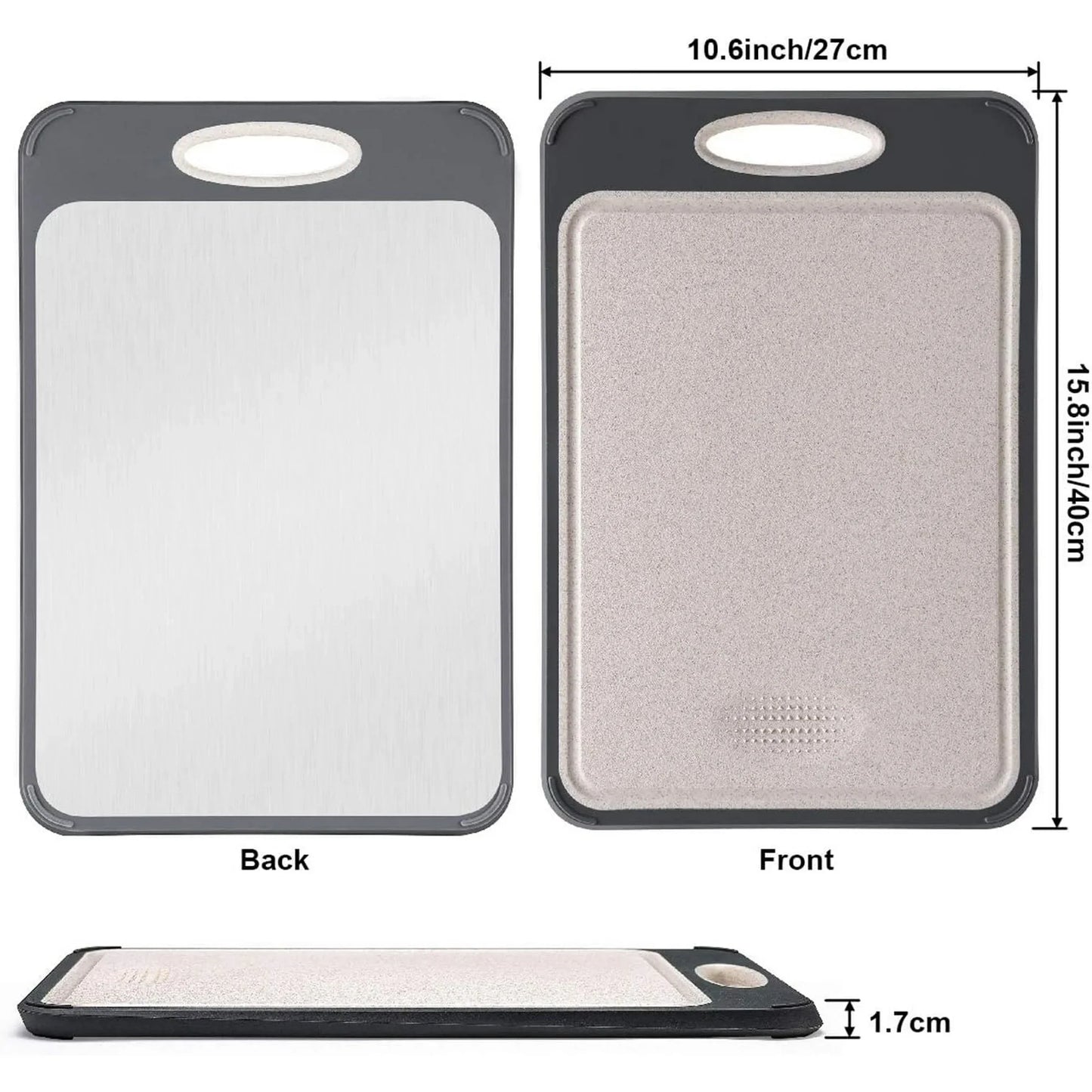 Cutting Board Double Sided, AOKIWO Large Size 16”×11”, 304 Stainless Steel Cutting Board for Kitchen, Food-Grade, Stainless Steel and Wheat Straw PP