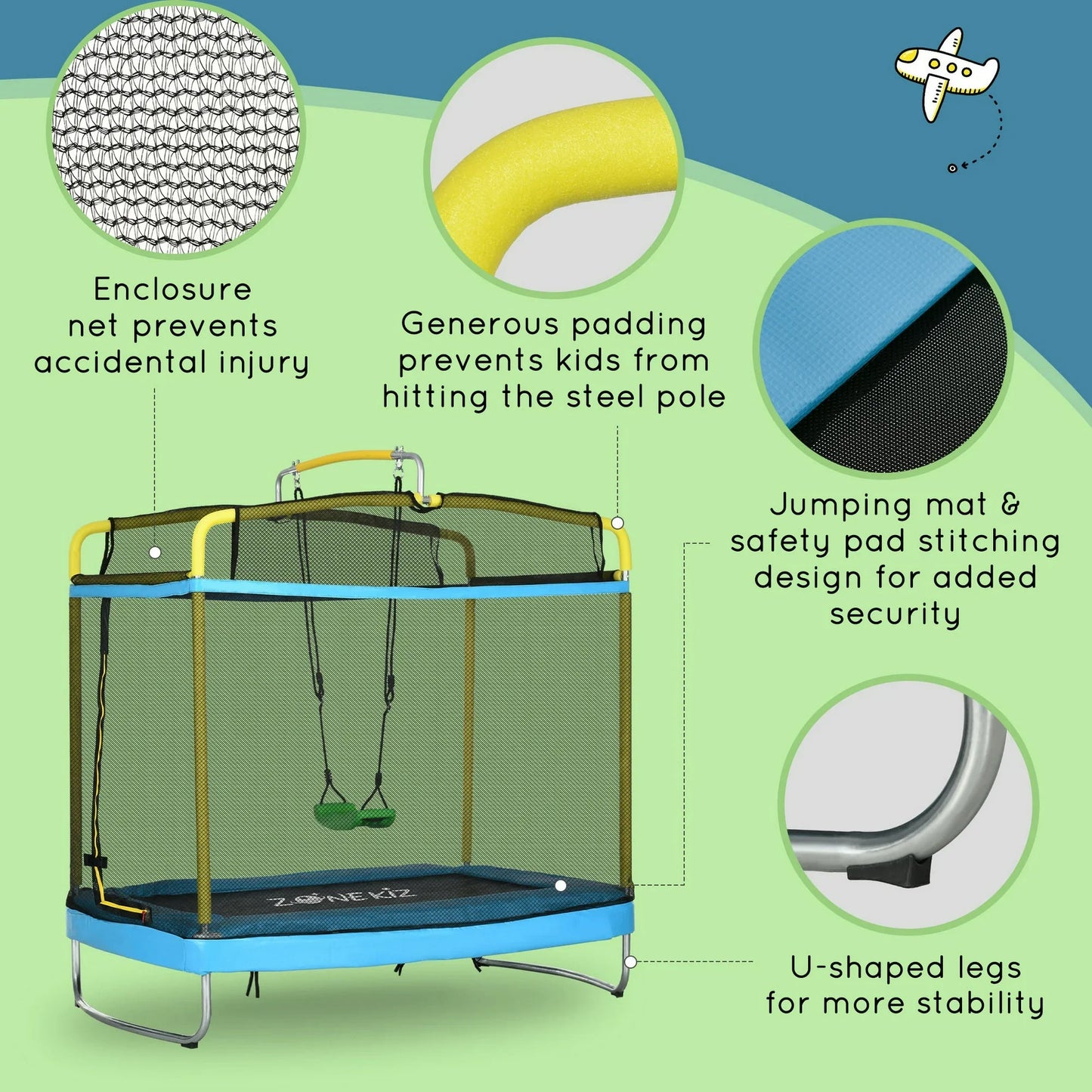 6FT Kids Trampoline with Horizontal Bar and Swing, Rectangle Toddler Trampoline with Enclosure Safety Net, 3-in-1 Outdoor Indoor Trampoline for Kids, Toddlers, Baby, Blue