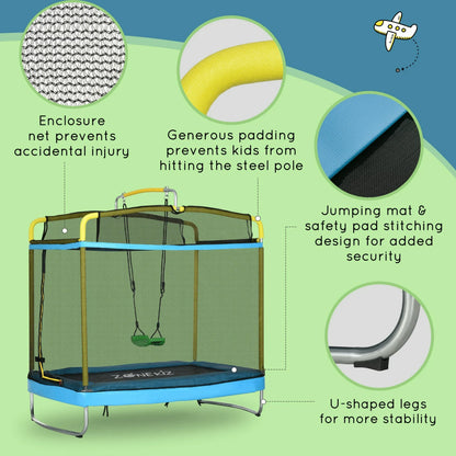 6FT Kids Trampoline with Horizontal Bar and Swing, Rectangle Toddler Trampoline with Enclosure Safety Net, 3-in-1 Outdoor Indoor Trampoline for Kids, Toddlers, Baby, Blue