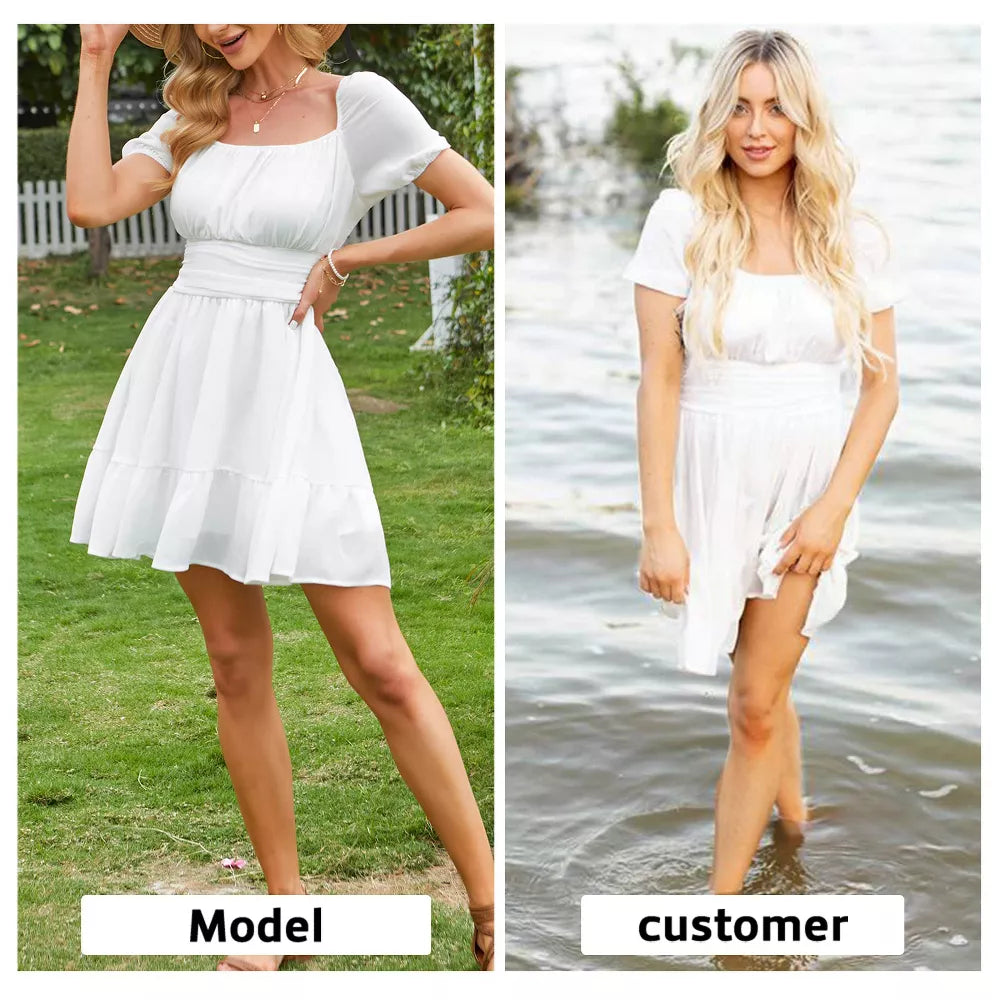 EXLURA Women's 2025 Summer Short Puff Sleeve Casual Short Mini Dresses Tie Back Square Neck A-Line Sundress