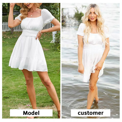 EXLURA Women's 2025 Summer Short Puff Sleeve Casual Short Mini Dresses Tie Back Square Neck A-Line Sundress