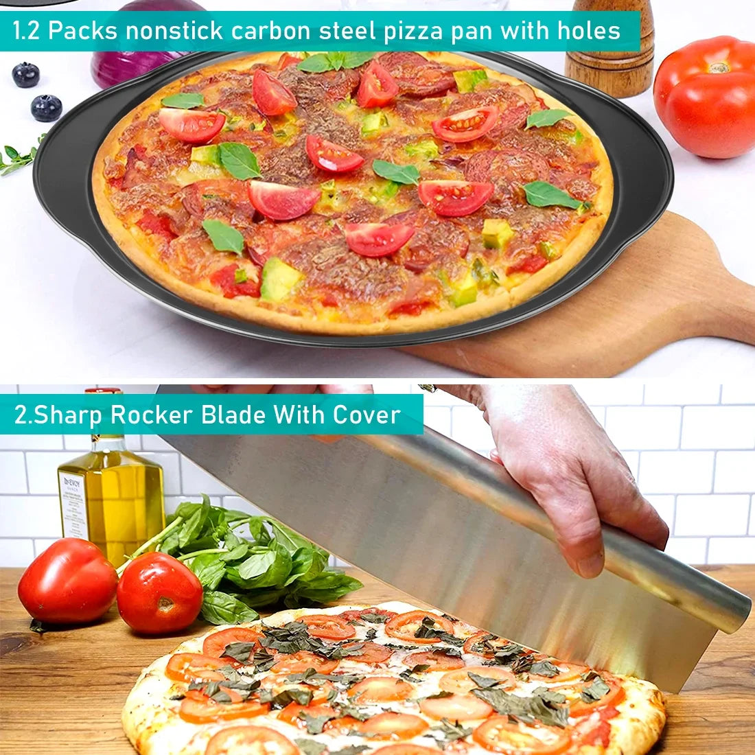 Foldable Pizza Peel and Pan Set, AOKIWO 7 Pcs Aluminum Pizza Paddle with Wooden Handle and Oven Pan Accessories