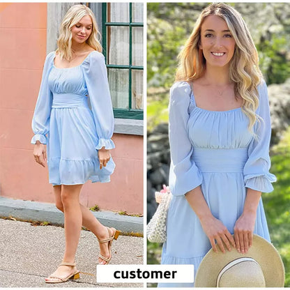 EXLURA Women's 2025 Casual Long Lantern Sleeve Dresses Square Neck Ruffle Tie Back Elastic Waist Aline Short Mini Dress