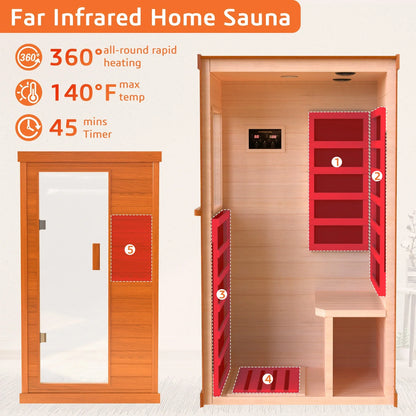 1 Person Infrared Sauna, Okoume Wood Far Infrared Saunas for Home, 9000watt Indoor Personal Sauna Room Box with Control Panel, Glass Door, Blue-Tooth