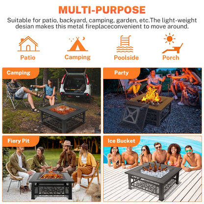 Segmart Fire Pit for Outside, 32" Outdoor Wood Burning Firepit with Fireplace Screen, Patio Fireplace Square Metal Stove for Camping, Outdoor Heating, Bonfire and Picnic, Black