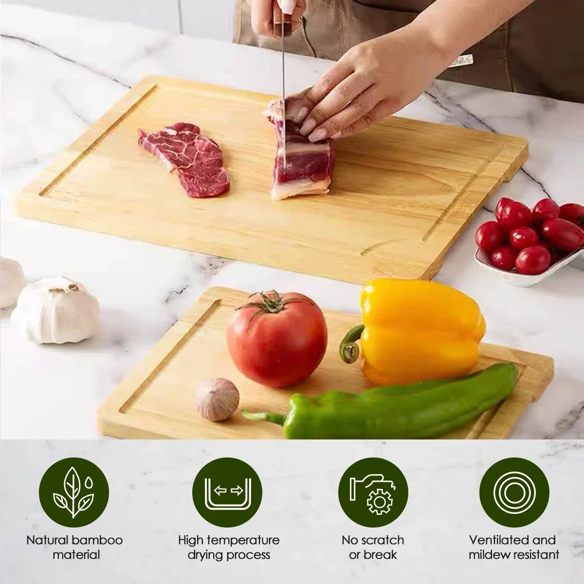 Bamboo Cutting Board, AOKIWO Durable Cooking Wood Cutting Boards for Kitchen with Deep Juice Grooves & Built-in Handles, Ideal Gifts Woden Boards for Meat, Vegetables and Fruits