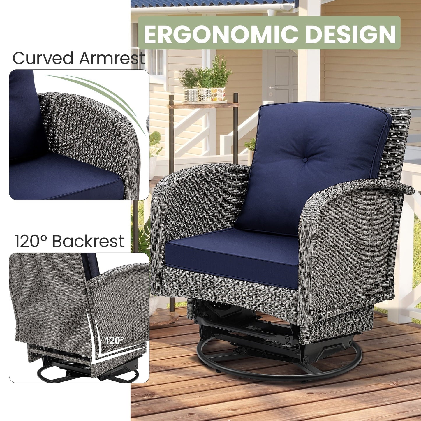 Segmart 3-piece Patio Furniture Set, Outdoor Conversation Set Swivel Rocking Chairs for Patio Porch Deck, with Coffee Table & Thickened Cushions