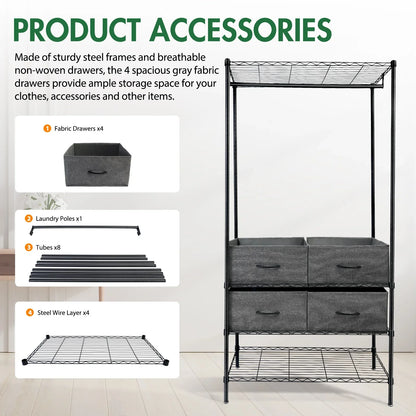 71"H Heavy Duty Clothes Rack, Max Load 445 LBS, Freestanding 3-Tier Wire Garment Rack for Hanging Clothes with Shelves, Closet Organizers and Storage Metal Closet Wardrobe System, Black