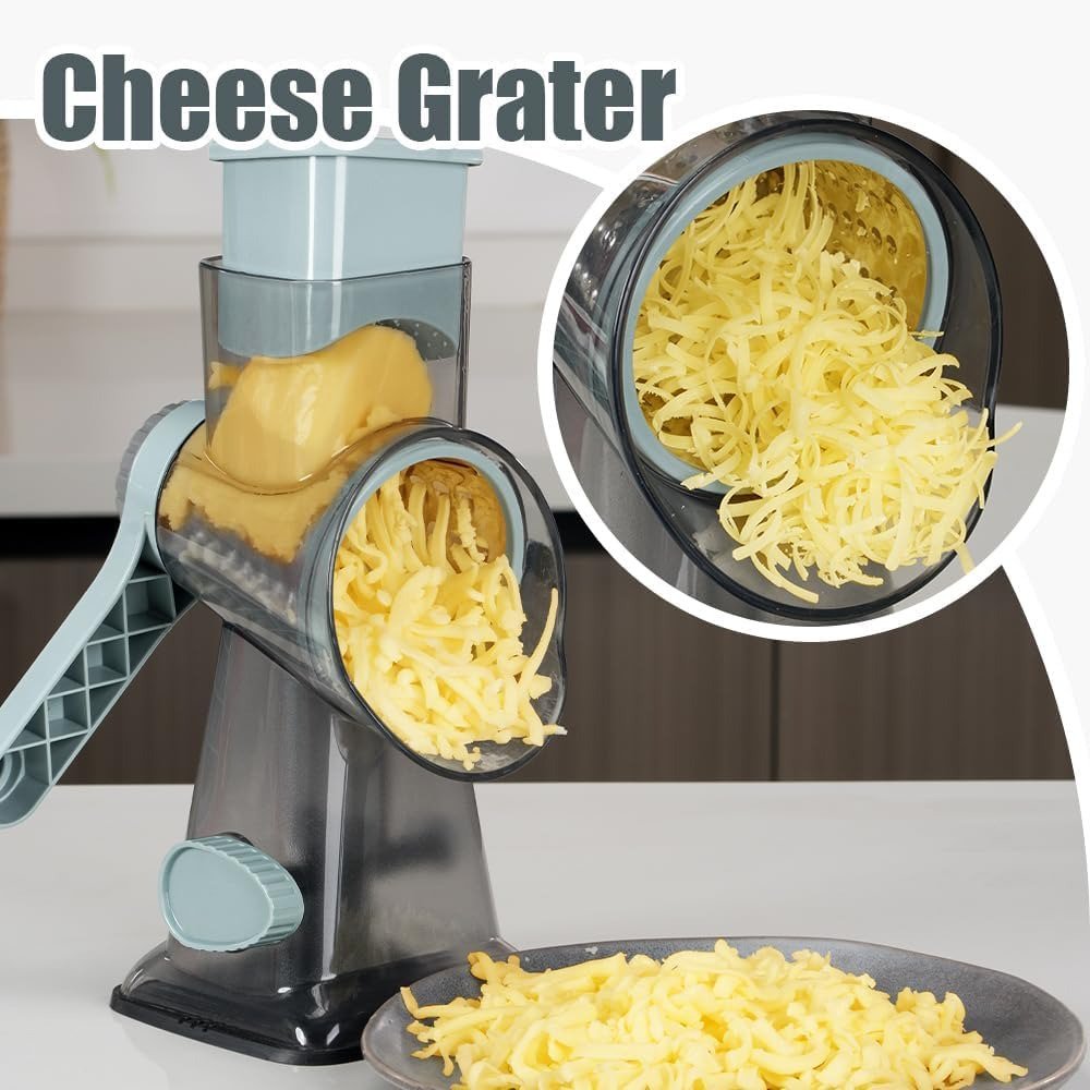 Rotary Cheese Grater with Handle, AOKIWO Vegetable Cheese Shredder Slicer Grater for Kitchen, 3 Changeable Blades for Cheese, Fruit,Vegetable, Nuts, Chocolate, Potato, Carrot - Gray Blue