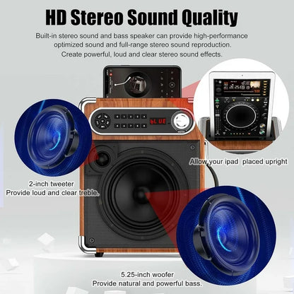 FanFun Bluetooth Speaker with Lights, 12H Playing Time Portable Speaker with Subwoofer/Tweeter, PA System Speaker with Two Wireless Microphones for Home Party, Brown