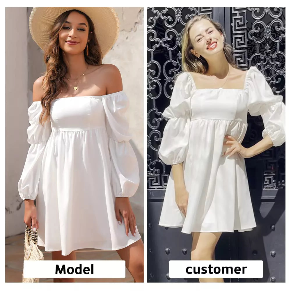 EXLURA Womens Square Neck Dress Long Puff Sleeve A-Line Casual Short Mini Dresses