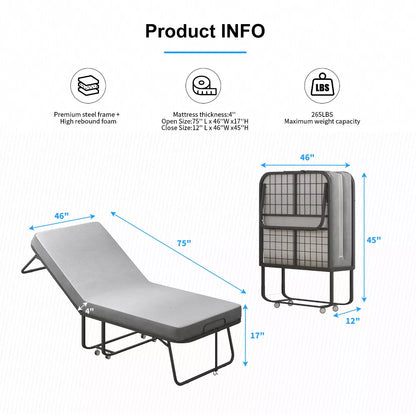 Mjkone Folding Bed with Mattress,Portable Guest Bed Camping Cot,Soft Padded Rollaway Sleeping Bed
