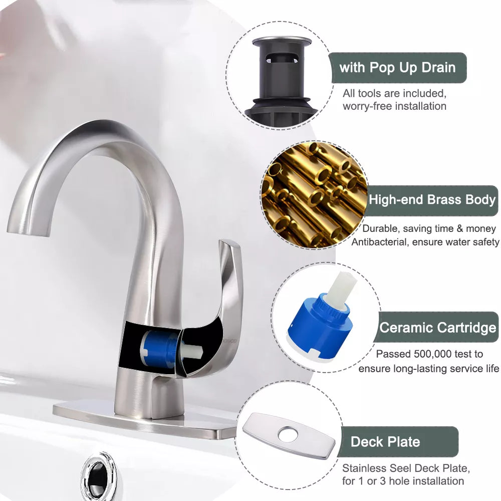 WOWOW Single Handle Gooseneck Bathroom Faucet with Deckplate Included