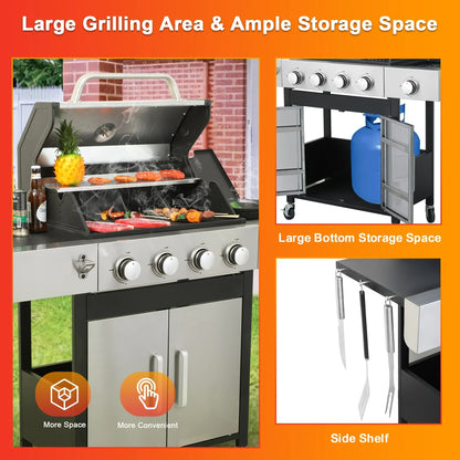 Segmart 4 Burner BBQ Propane Gas Grill with Side Burner, Stainless Steel 46,790 BTU Patio Garden Barbecue Grill with Thermometer, Wheels, and Bottle Opener, Perfect for Camping, Outdoor Cooking