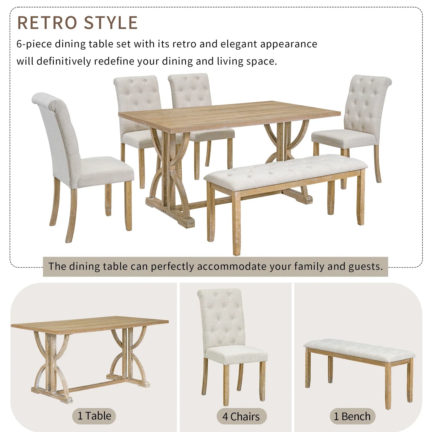 EUROCO 60" 6-Piece Dining Table Set,Dining Room Set with 1 Table,Unique Table Legs,Bench and 4 Cushioned Chairs,Solid Wood Rectangular Table and Chair Set, Kitchen Table Set
