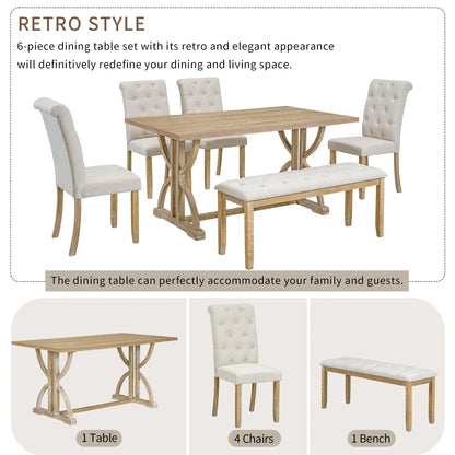 EUROCO 60" 6-Piece Dining Table Set,Dining Room Set with 1 Table,Unique Table Legs,Bench and 4 Cushioned Chairs,Solid Wood Rectangular Table and Chair Set, Kitchen Table Set