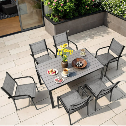 7 Piece Outdoor Dining Set, Patio Dining Table Set for 6 Persons, Garden Patio Textilene Dining Furniture Set with Plastic-Wood Tabletop, Dining Table Chairs Conversation Set for Deck Patio