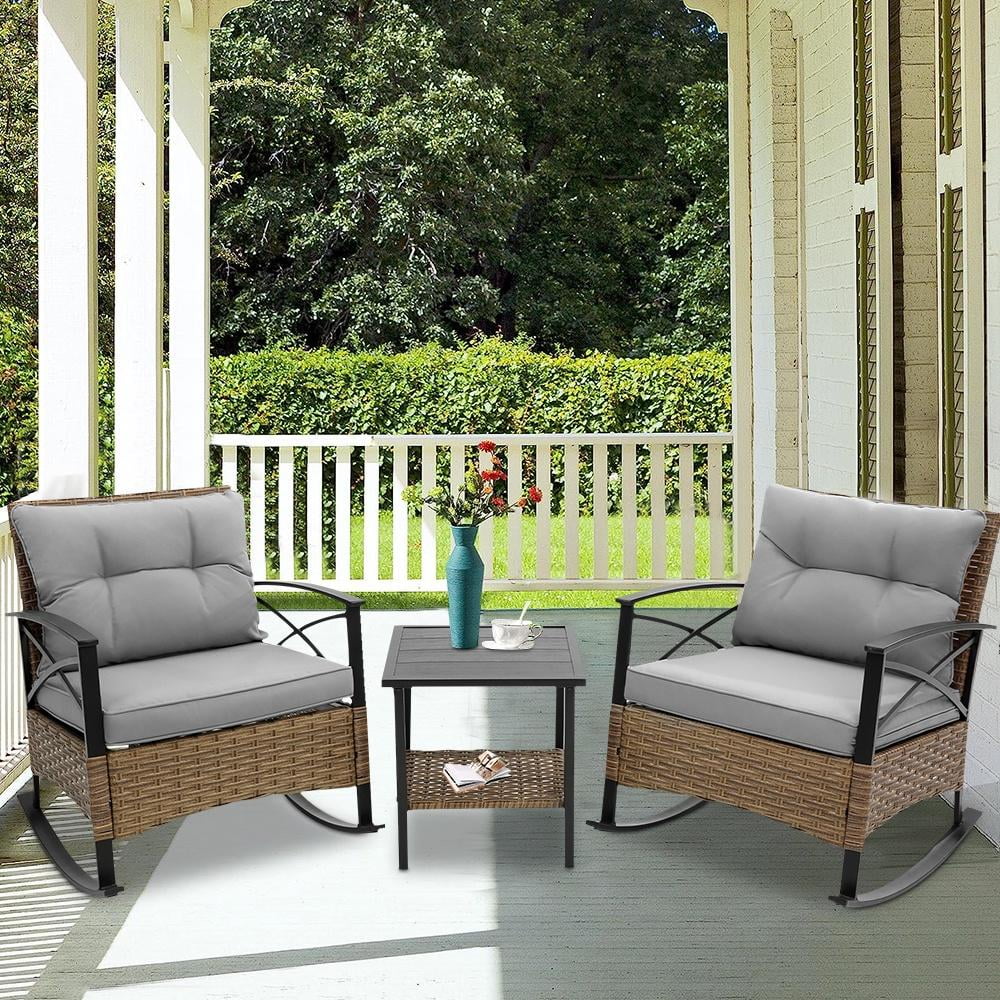 3 Pcs Patio Rocking Bistro Set, PE Wicker Bistro Set with Soft Cushion, 2 Chairs and 1 Steel Top Side Table, Outdoor Conversation Set for Patio Backyard Porches - Gray