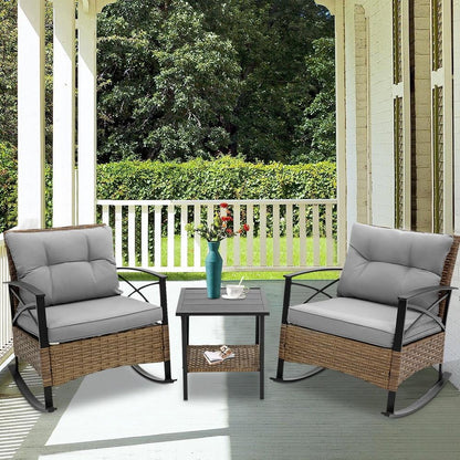3 Pcs Patio Rocking Bistro Set, PE Wicker Bistro Set with Soft Cushion, 2 Chairs and 1 Steel Top Side Table, Outdoor Conversation Set for Patio Backyard Porches - Gray