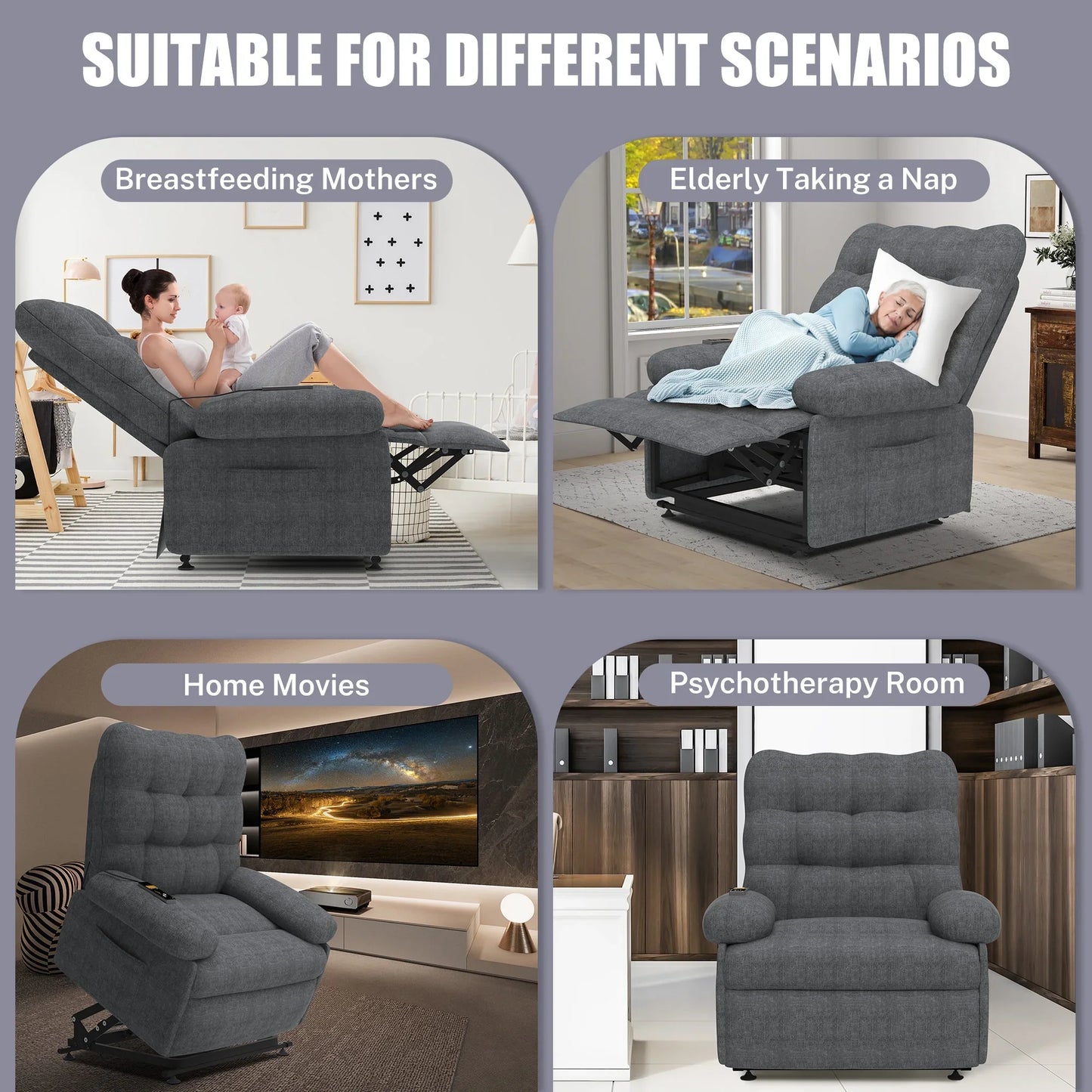Segmart Power Lift Recliner Chair for Elderly, Heavy Duty 440lbs Antiskid Classic Fabric Linen Sofa Chair, 3 Motors Ergonomic Lounge Single Sofa with Overstuffed Arms and Remote Control, Grey